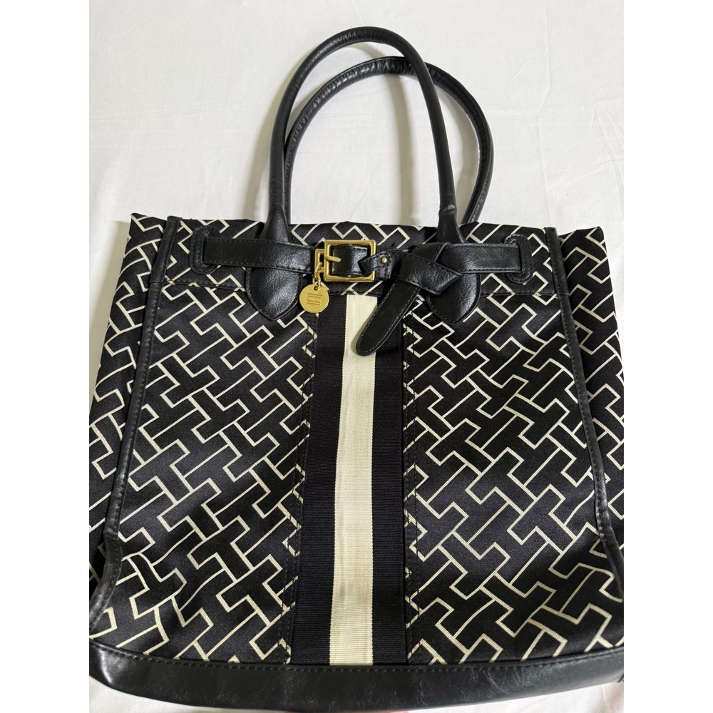 Tommy Hilfiger Monogram Tote Bag Black White Geometric Stripe Gold Buckle Charm